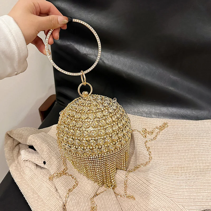 

Роскошная модная круглая сумка с кисточками, женская сумка, блестящая вечерняя сумка с бриллиантами, кошелек-клатч для свадебной вечеринки, сумка через плечо