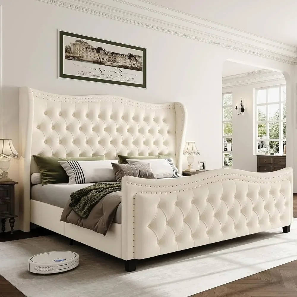 Bed Frame,Headboard Upholstered Bed with Tall Footbaord, Velvet Handmade Pleats Deep Button Tufted Wingback Platform Bed