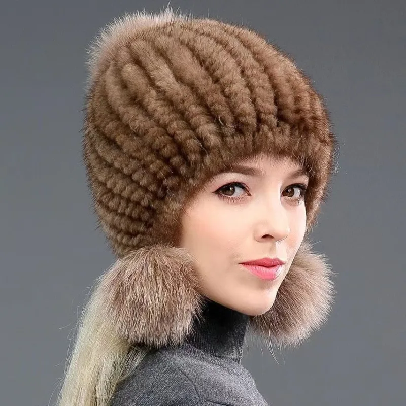 

Mink Fur Hat Natural Fur Snow Cap With Fox Fur Pom Pom Ball Female Winter Warm Ear Protection Hat Ladies Knitted Furry Fur Caps