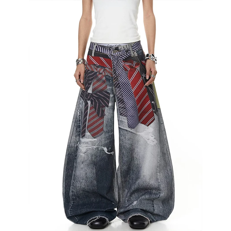 Women's Blue Jeans Y2k Gyaru Punk Oversize 3D Print Denim Pants Vintage Hiphop Grunge Baggy Denim Trousers Alternative Clothes