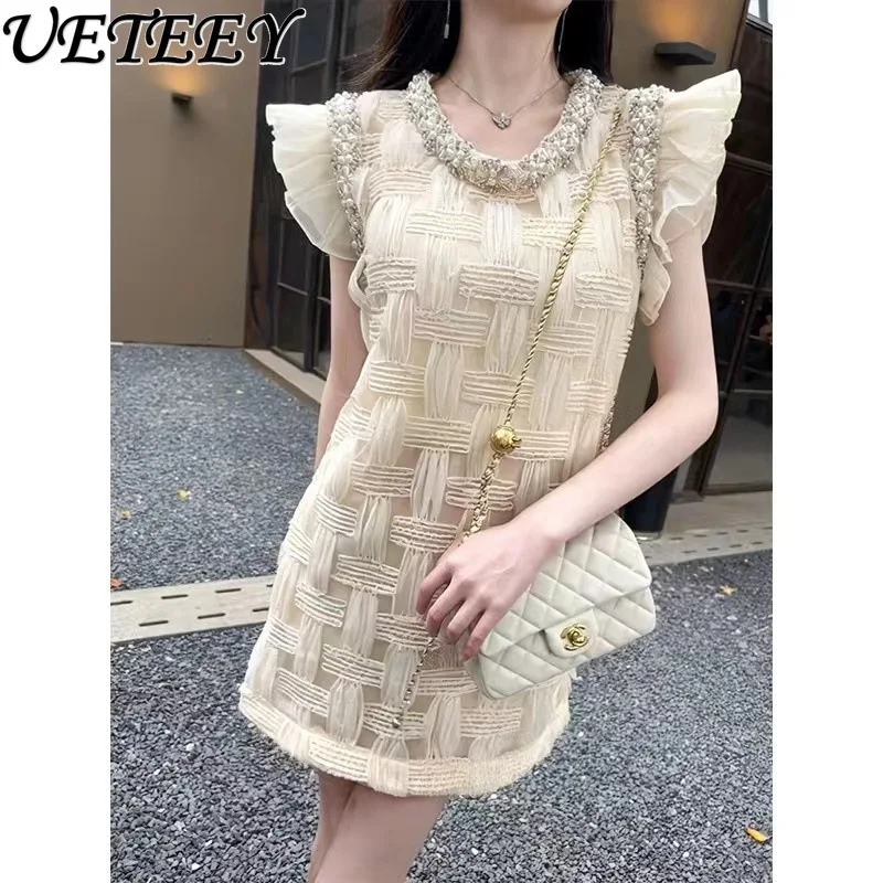 

French Style Tight Waist Beaded Ruffled Dress Fairy Summer Heavy Industry Diamond-Embedded Woven Mesh Short Dresses for Women