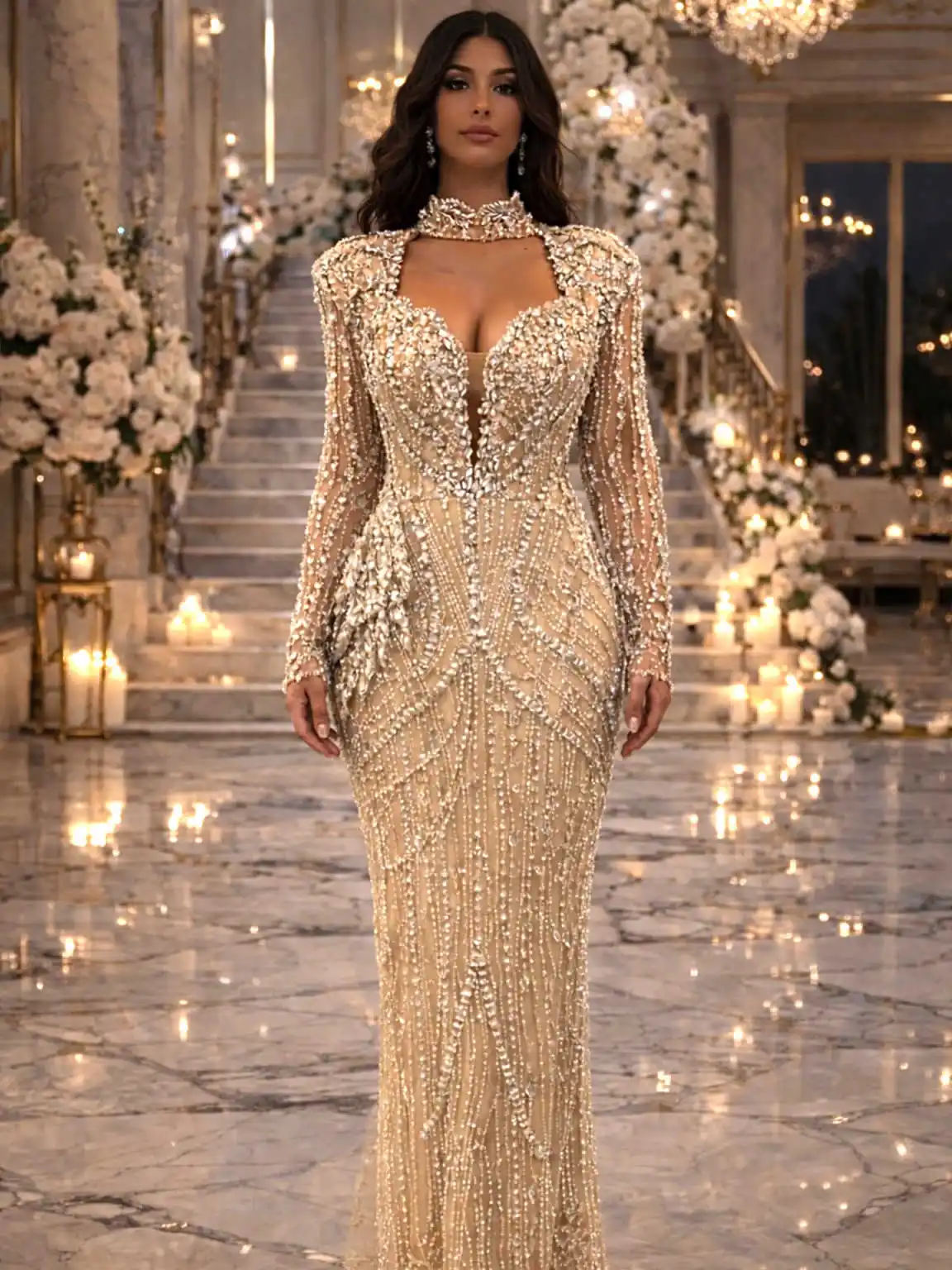 Vestidos de fiesta de lujo, vestido de fiesta de encaje de manga larga con lentejuelas de cristal, estilo sirena, largo hasta el suelo, Vestido De Noite personalizado