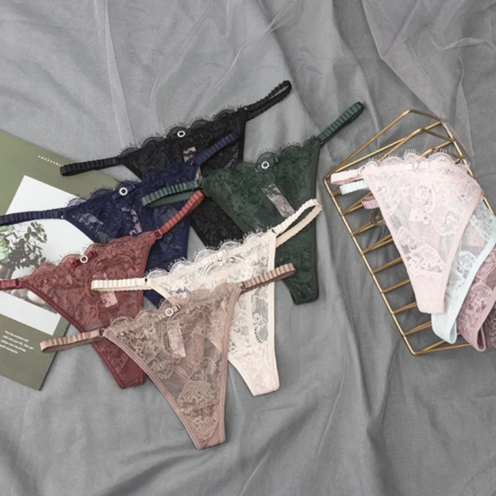Sexy Lace T-pants with Thin Straps Hollowed-out Seductive Panties Cotton Low-rise Thongs Women's Transparent Panties Underwear