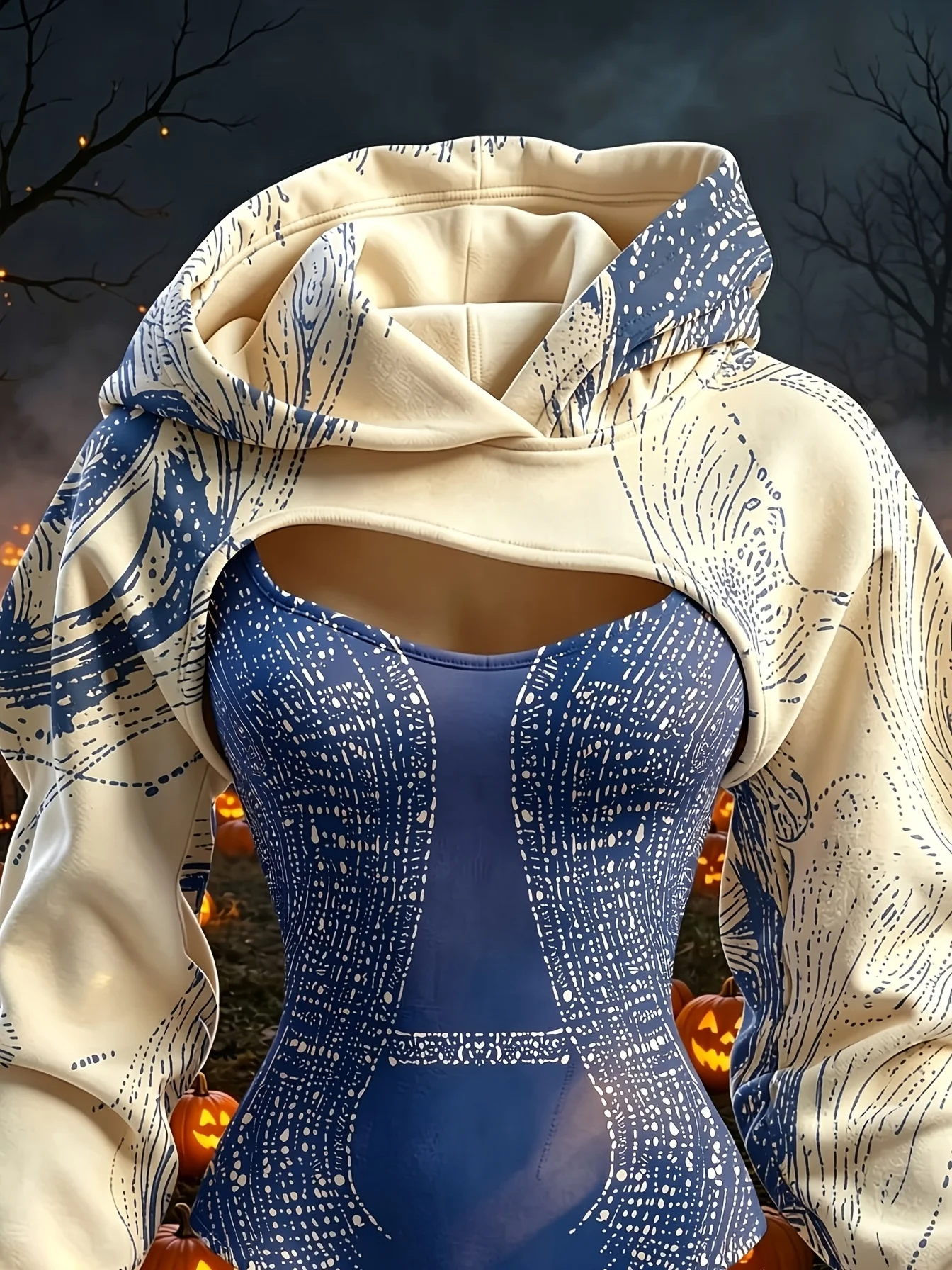Women Halloween Rhinestone Pattern Double Hood Bodysuit Hollow Out Long Sleeve Hoodie Slim Outfit