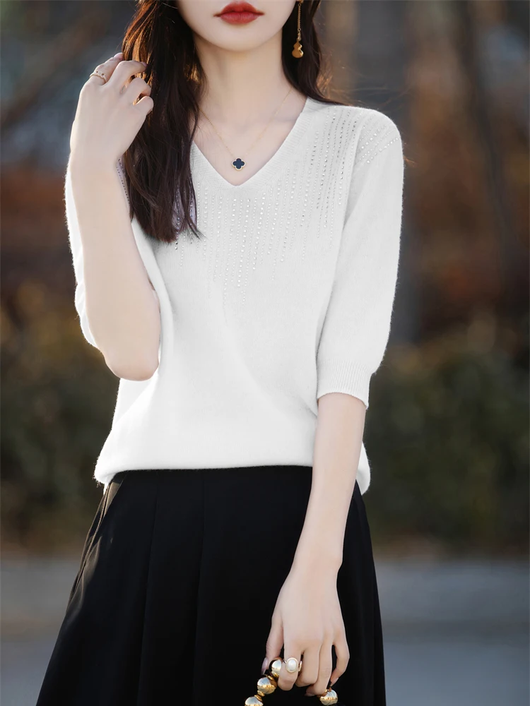 Loose Half Sleeve V-Neck T-Shirt Knitted Pullover Summer New Style Women's Pure Color Casual Comfortable Base Shirt