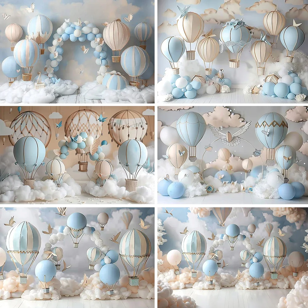 

Hot Air Balloon Photography Backdrop Bear Cloud Photoshoot Background Newborn Baby Shower Cake Smash Decor Photo Studio