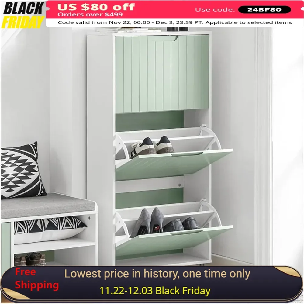 

Green Shoe Cabinet with 3 Flip-Drawers，Freestanding Shoe Rack，Storage，Shoe Organiazer for Entrance Hall