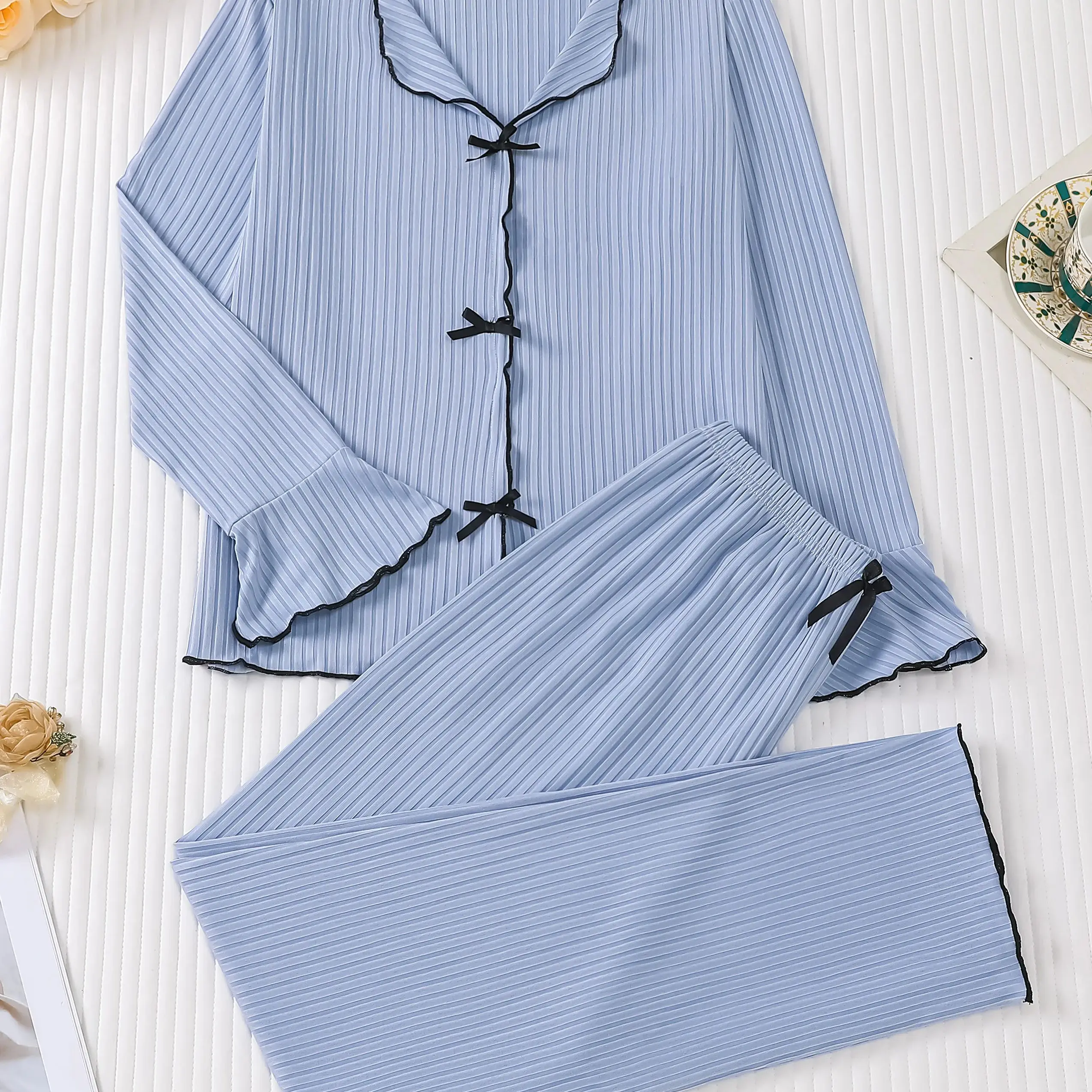 

Temperament Blue Bow Pajama Women's Horn Sleeve Cardigan Pants Set Casual Commuter Home Clothes