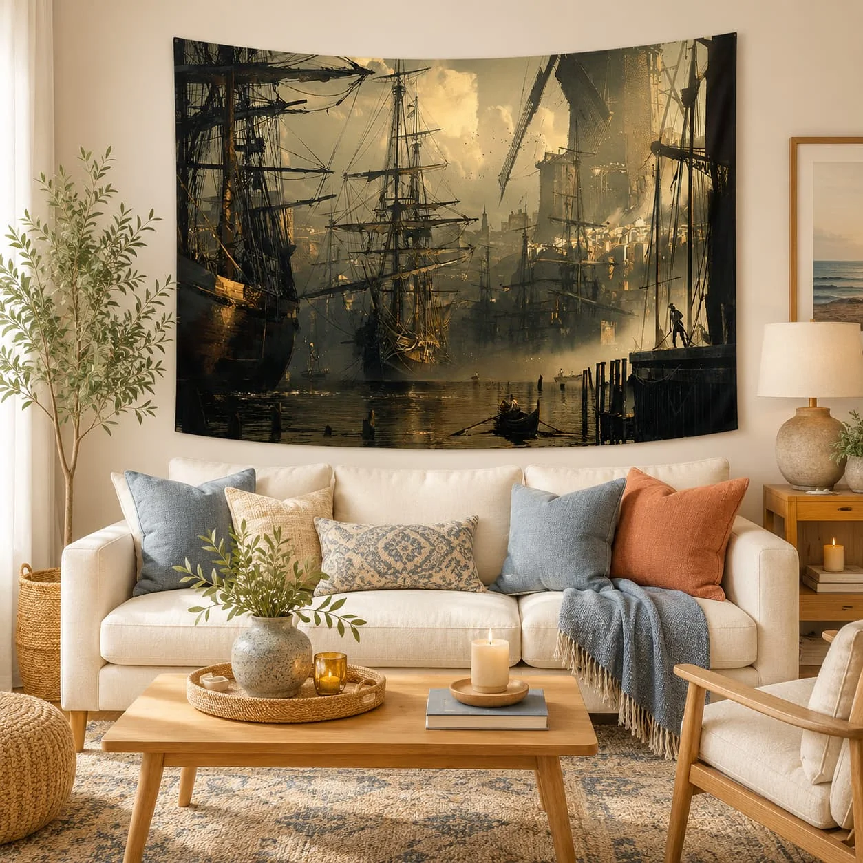 Vintage Sailing Ship Tapestry- Large 198.12X149.86Cm Polyester Wall Art for Living Room And Bedroom, Washable, Includes Free Hanging Additions- Ideal Gift, Coastal Home Decor