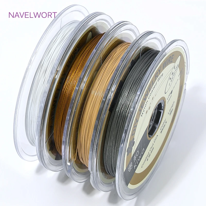 Fio de Aço Dourado com Ródio Branco de 0,3/0,38mm, Rolo de 50m, Fio de Aço Inoxidável Revestido de Nylon para Fabricação de Joias, Pulseiras DIY e Componentes