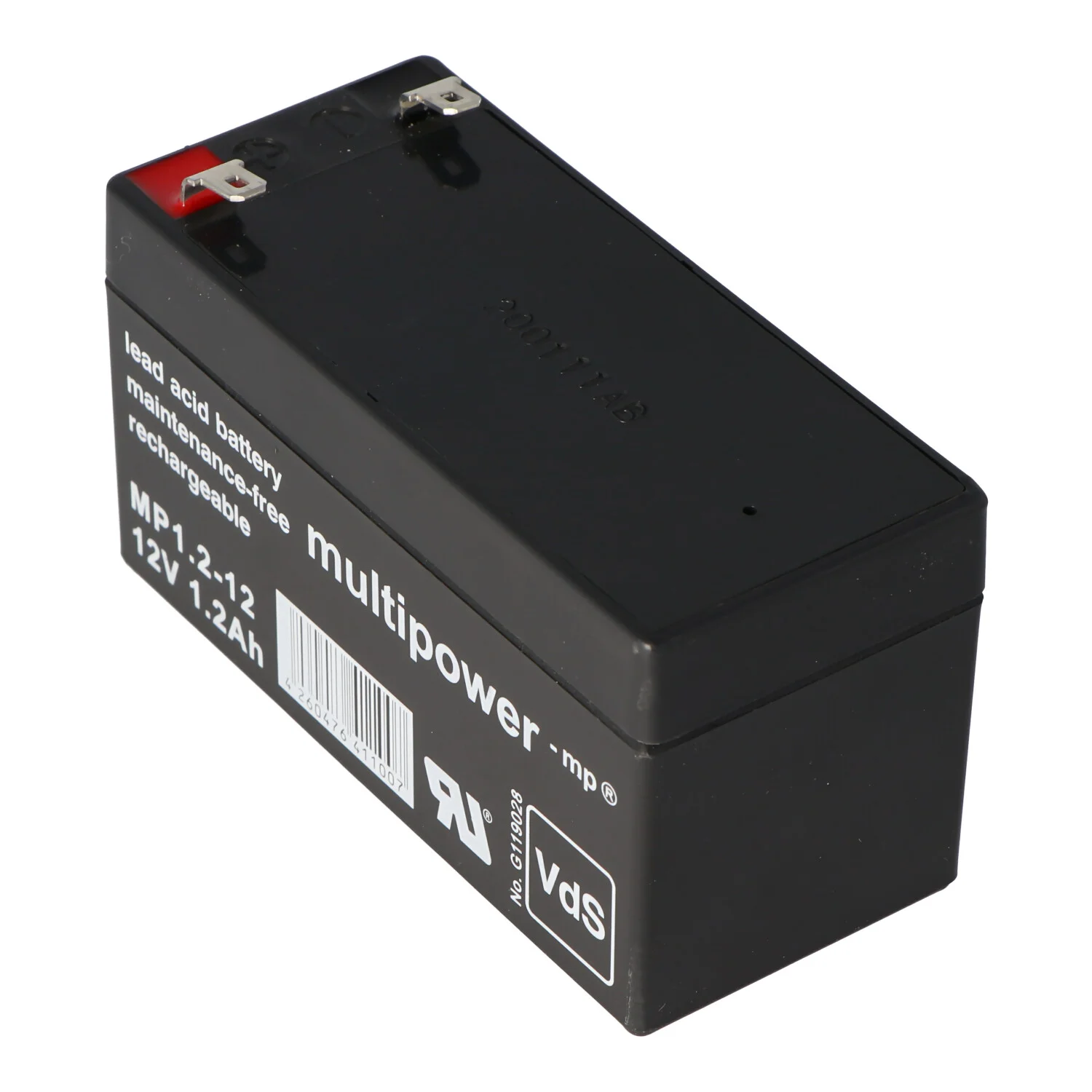 Multipower MP1.2-12 Lead-acid battery with 4.8mm Faston plug contacts with VDS approval Dimensions 97.00x43.00x53.00mm