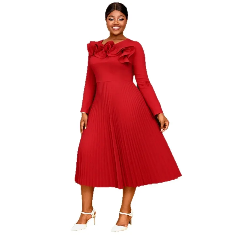 

Plus Size Red Dashiki African Dresses for Women Autumn Elegant Africa Long Sleeve O-neck Pleat Midi Dress Africa Clothing Outfit