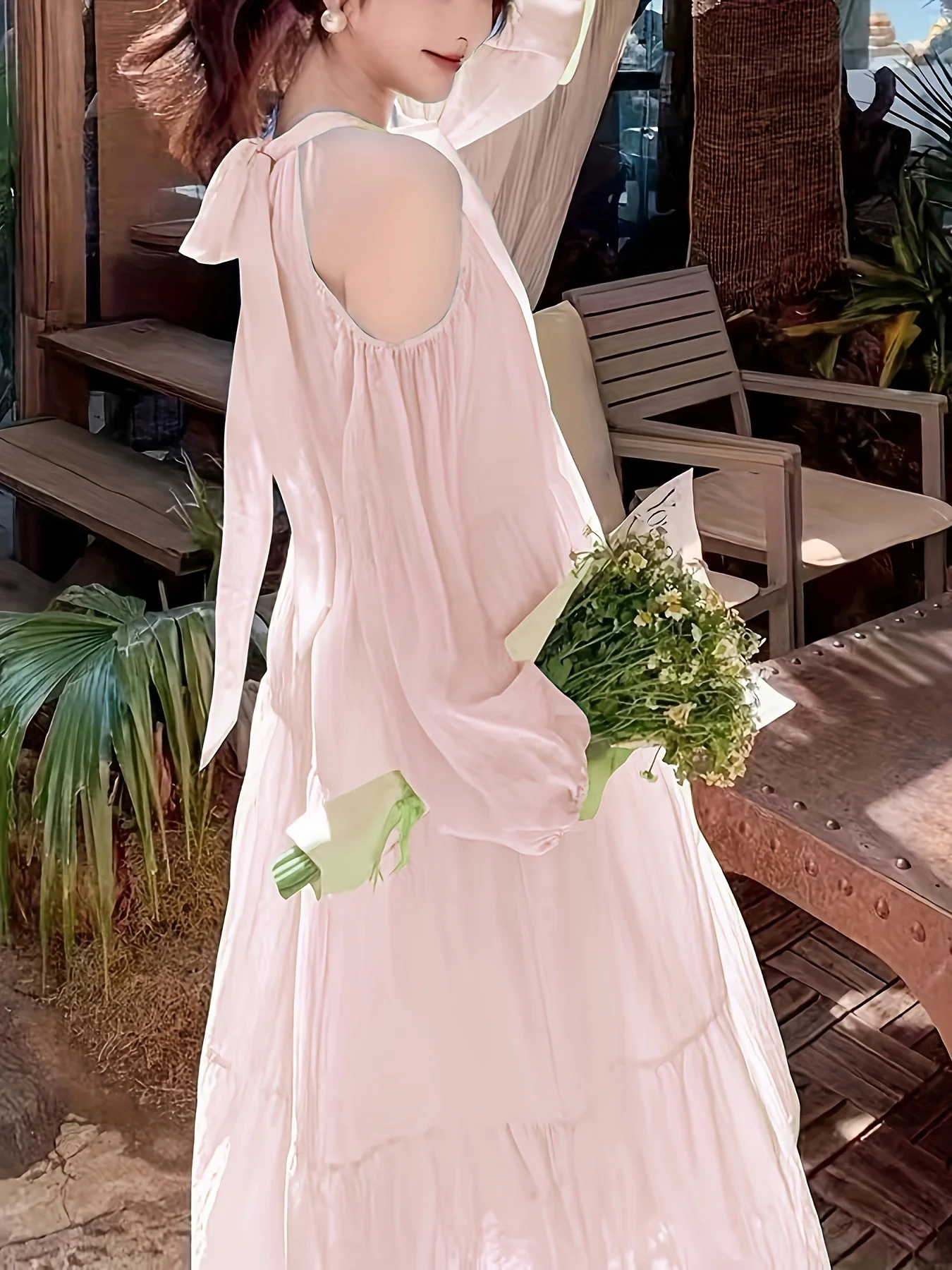 Vestido de pescoço plissado halter feminino, elegante roupa de cor sólida, comprimento do tornozelo, para a primavera e outono