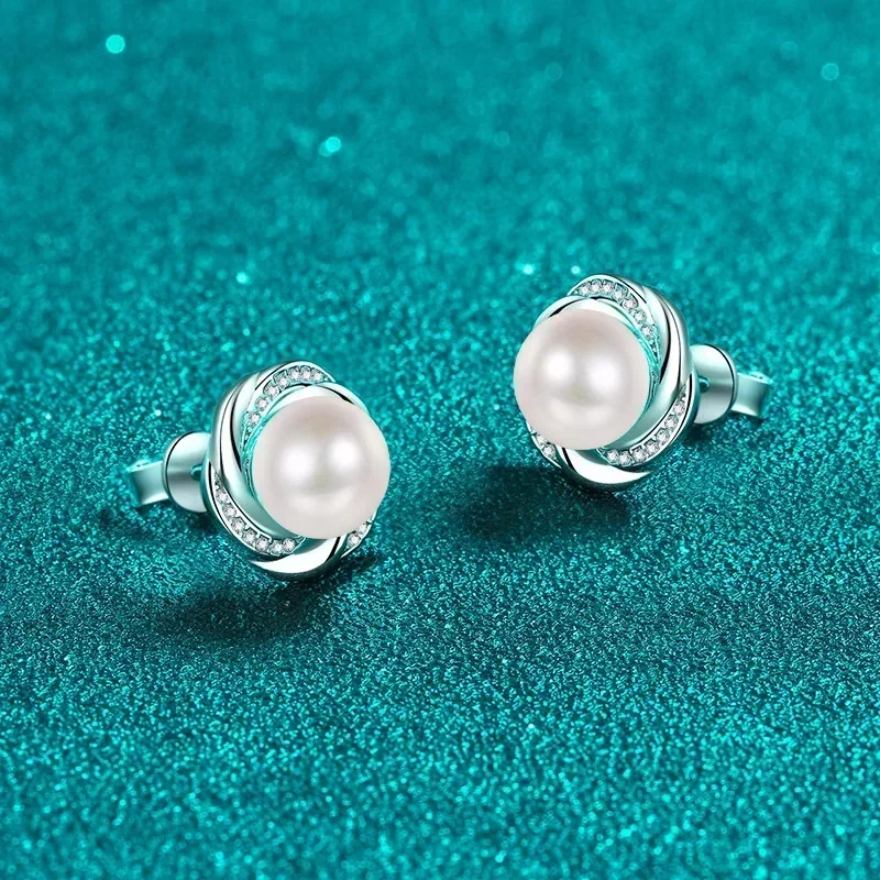 Inlaid  8mm Freshwater Pearl Plum Blossom Platinum Pt950 Earrings, High-end 16.8 Point Moissanite Earring for Ladies Women Gifts