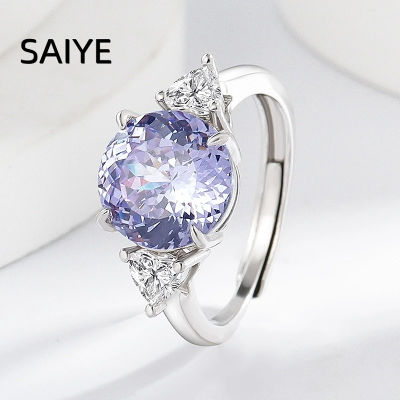 925 Sterling Silver Three Stone Ring for Women Round Color Cubic Zirconia with Heart Side Stones Wedding Fine Jewelry Gift