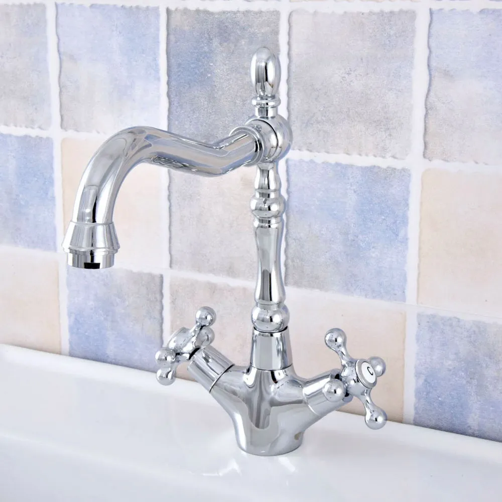 

Chrome Finish Brass Single Hole Deck Mount Kitchen Basin Faucet Swivel Spout Bathroom Sink Cold Hot Water Taps 2sf658