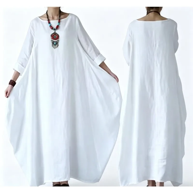Women Summer Thin Cotton Linen Loose Dress Literary Boho Long Sleeve Dress Lady Solid Color Robe Vintage Kaftan