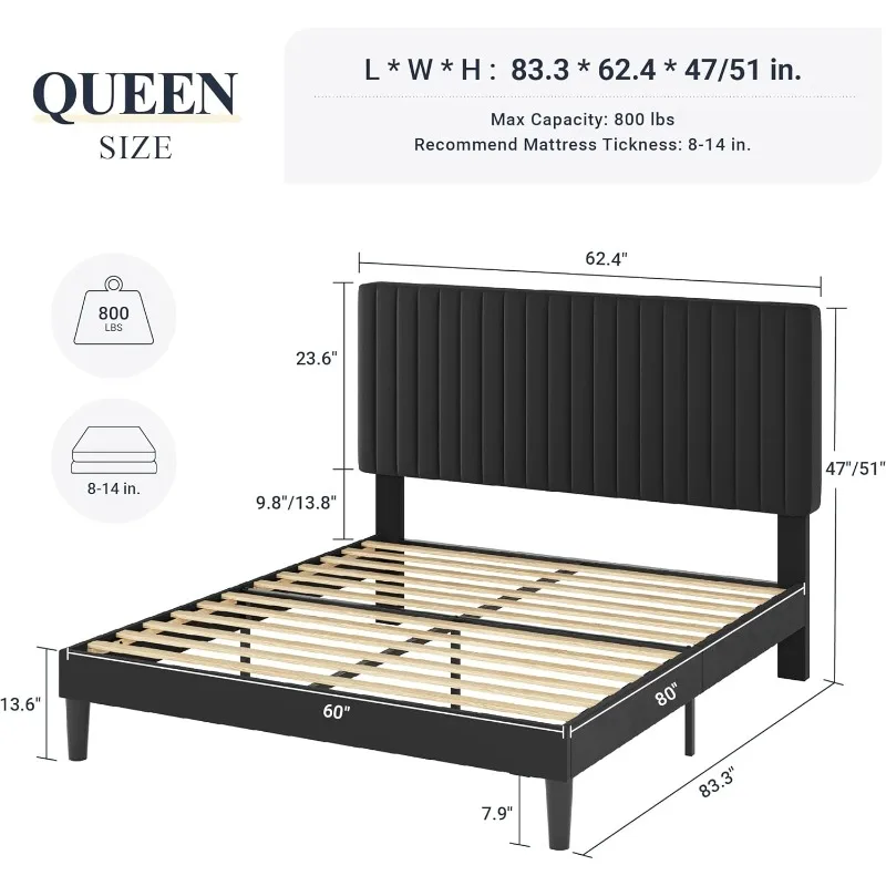 Queen Bed Frame, Velvet Upholstered Platform Bed with Vertical Channel Tufted Headboard, Mattress Foundation with Strong