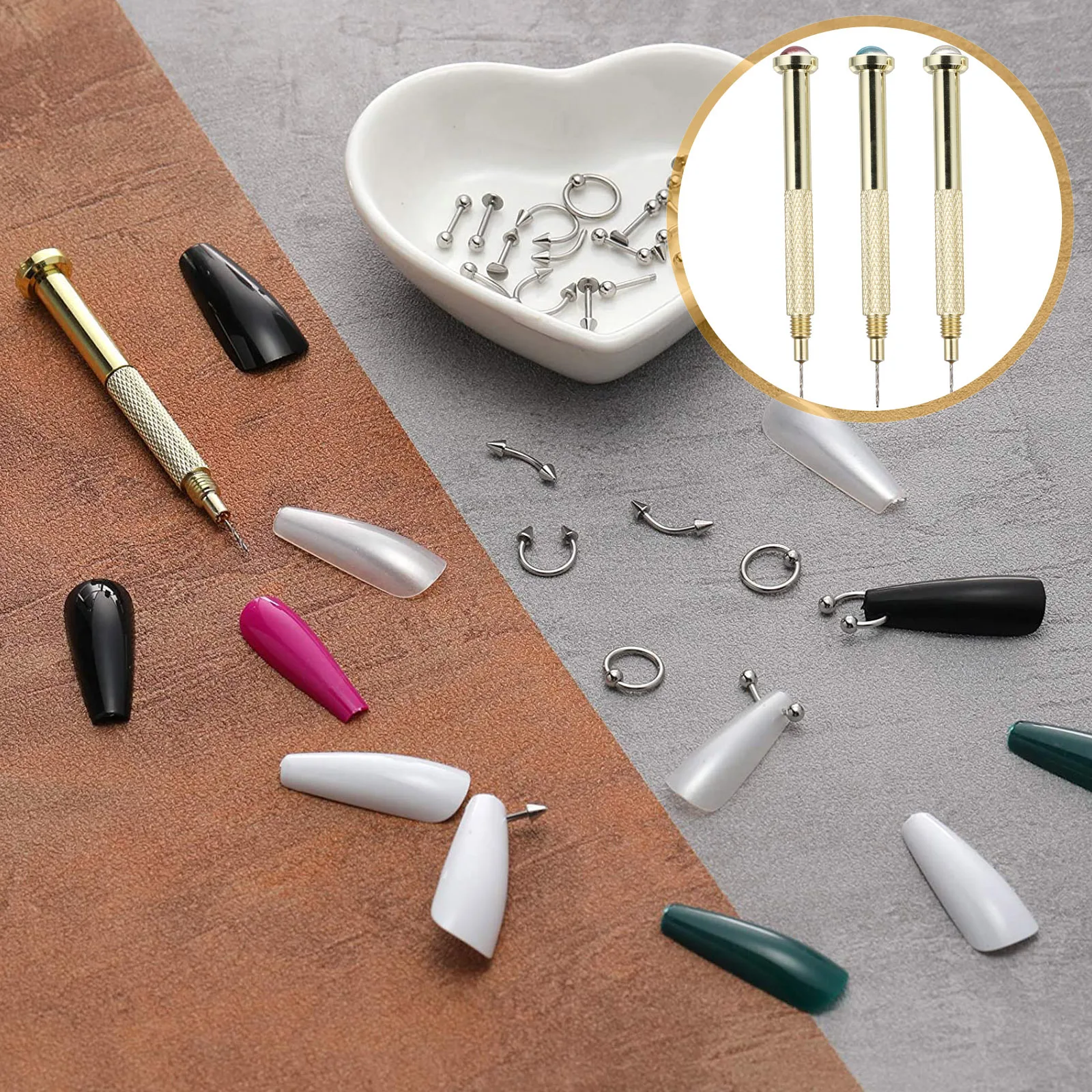 3Pcs Nail Art Hand Drills Metal Durable Piercing Tools DIY Acrylic Gel Tip Charm Jewelry Accessory Nail Hand Drills