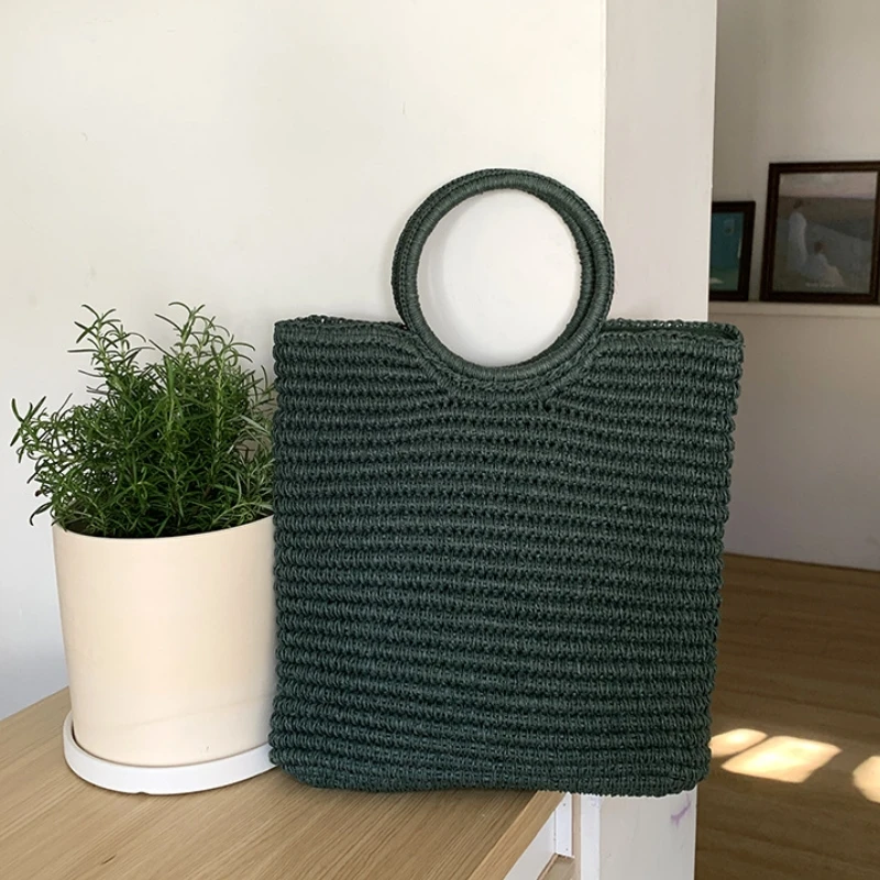 Round Handle Papyrus Woven Handbag for Female Summer Large-capacity Vacation Style Paper Rope Crochet Bohemian Beach Bag 2026
