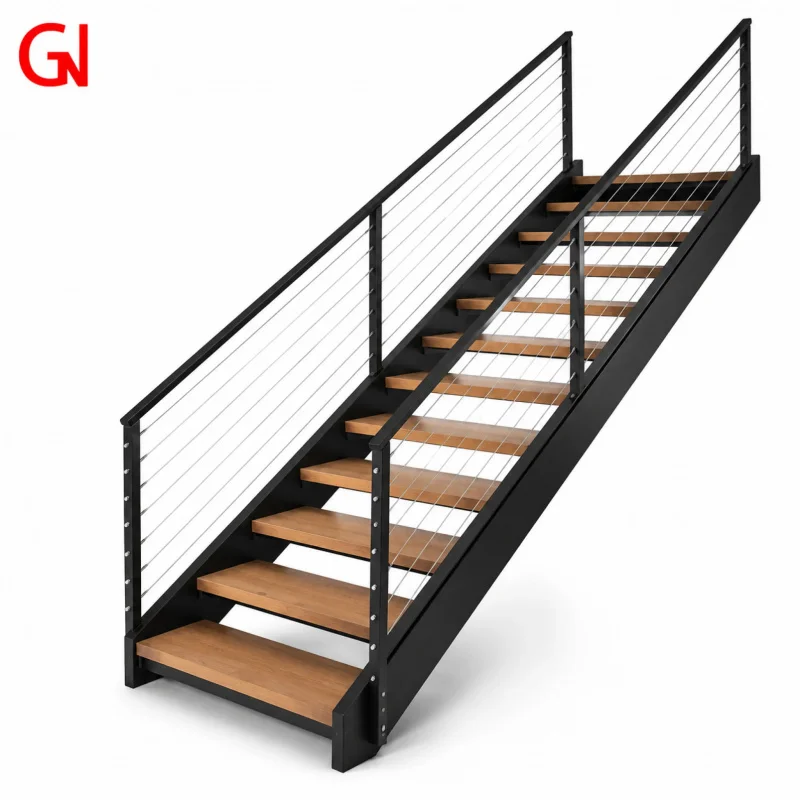 custom.Modern Floating Stairs Stainless Steel Mono Stringer Oak Wood Treads Anti Slip Indoor