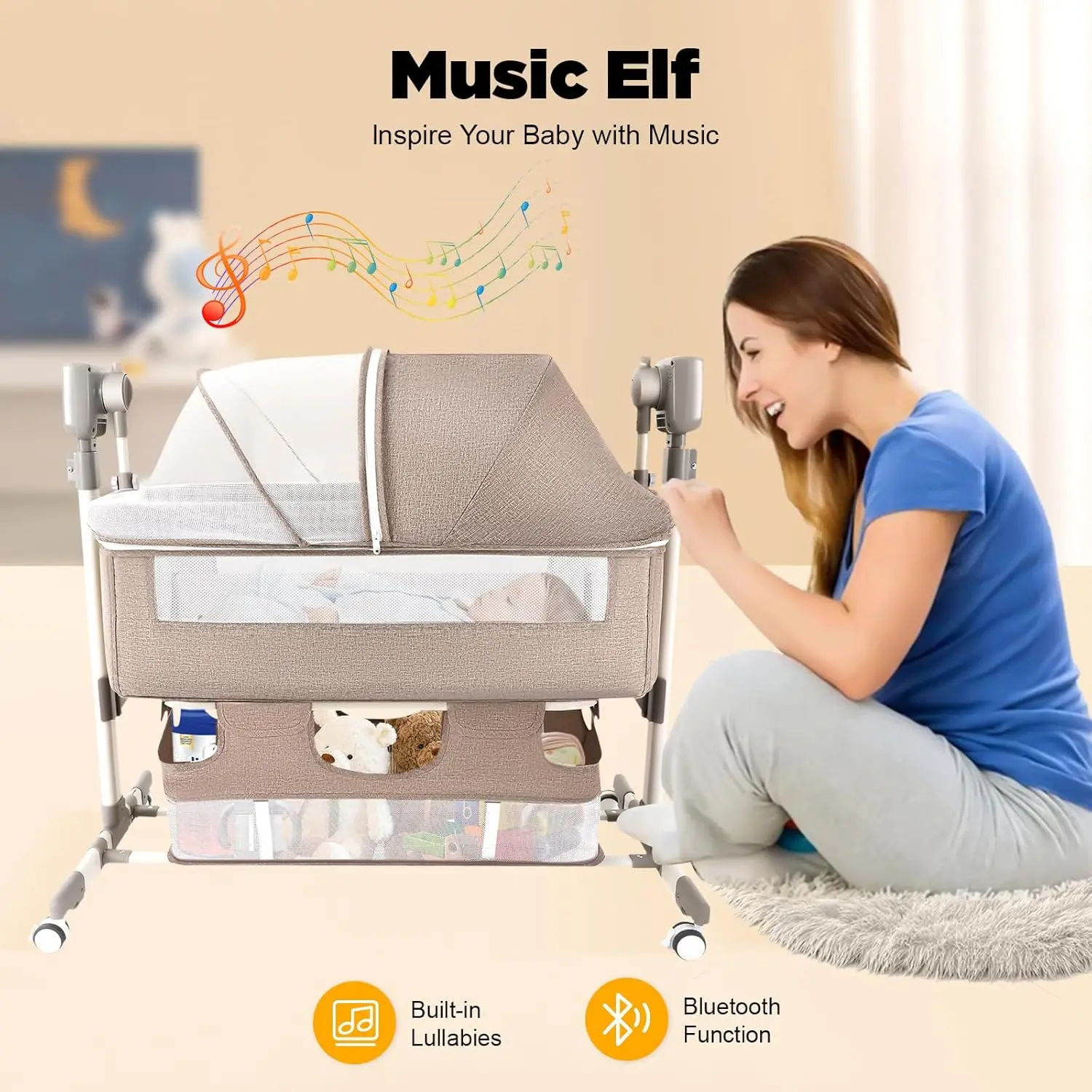 Berço Elétrico Inteligente para Bebês com Música, Berço Automático com 3 Velocidades de Temporização e 5 Velocidades de Oscilação, Cama Portátil para Bebês com Altura Ajustável, com Redes e Colchões