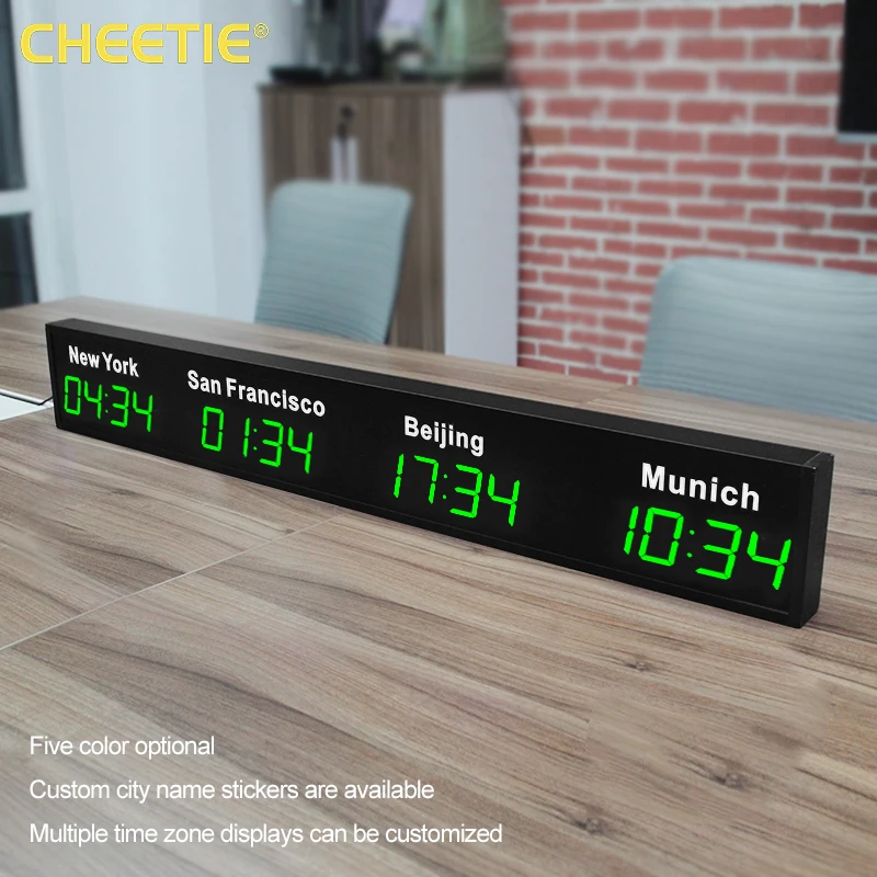 CHEETIE CP034 Reloj de pared LED estilo mundial con zona horaria de barra digital grande para hotel de oficina de aeropuerto