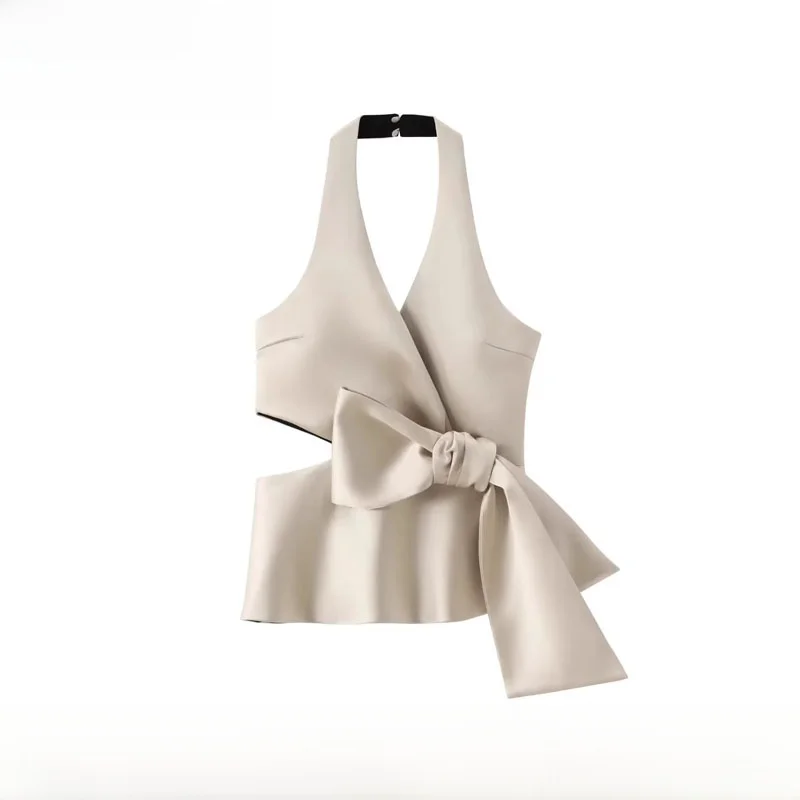 Fashionable Silk Satin Women's Top with  Knot New Spring Summer Elegant Quality Polyester Fiber Hanging Neck Style