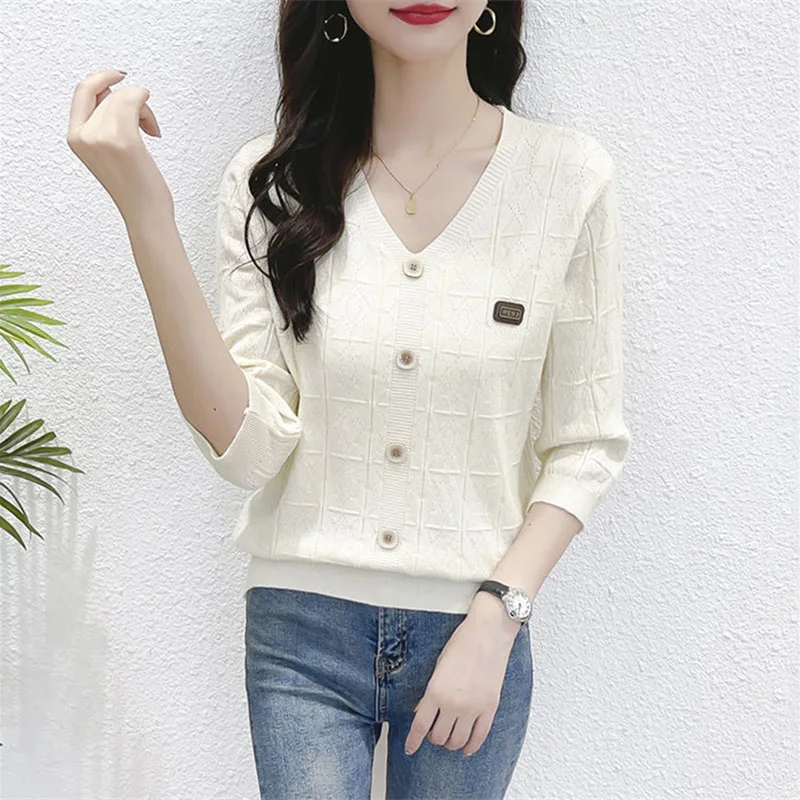 

Ice silk Cropped Sleeve Sweater Women's Pullover Spring Autumn 2024 New V-neck Casual Thin Bottoming knitwear Female