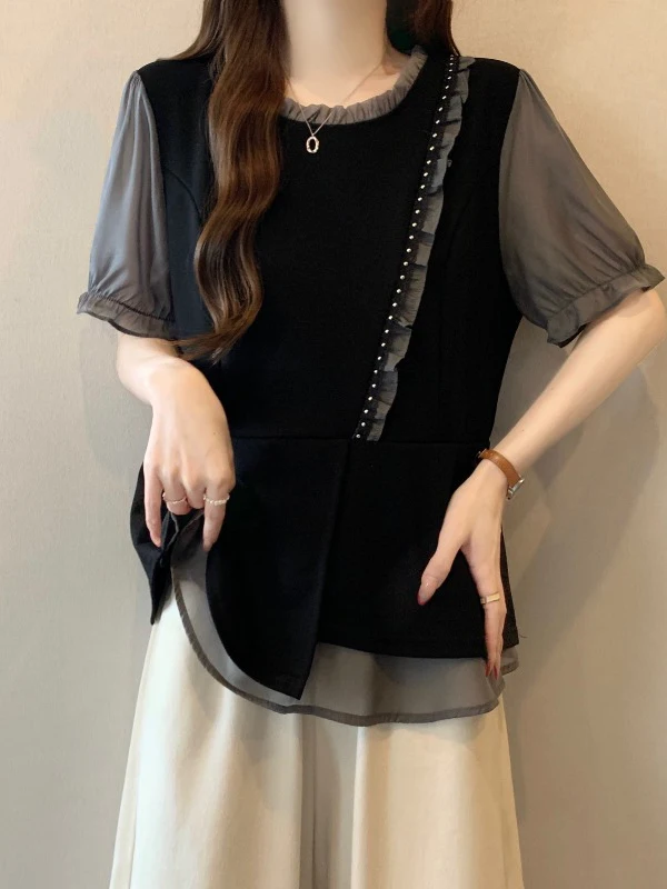 

Elegant Wooden Short Sleeve Women's Shirt Summer New Style plus Size Fashionable Young Looking Chiffon Top Commute Style