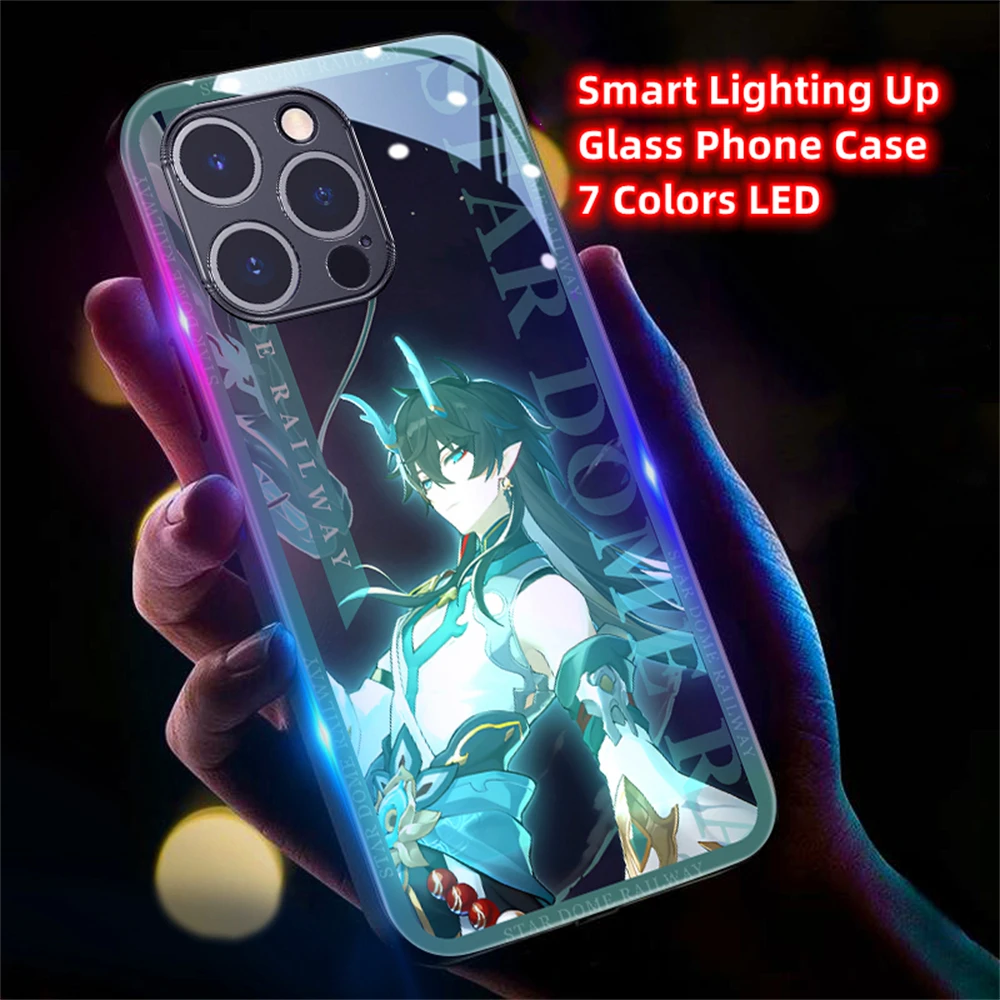 

Honkai Pattern Luminous Glass LED Call Light Up Flash Phone Case Cover For iPhone 15 14 13 12 11 Pro Max XR XS Plus 6 7 8 SE2020