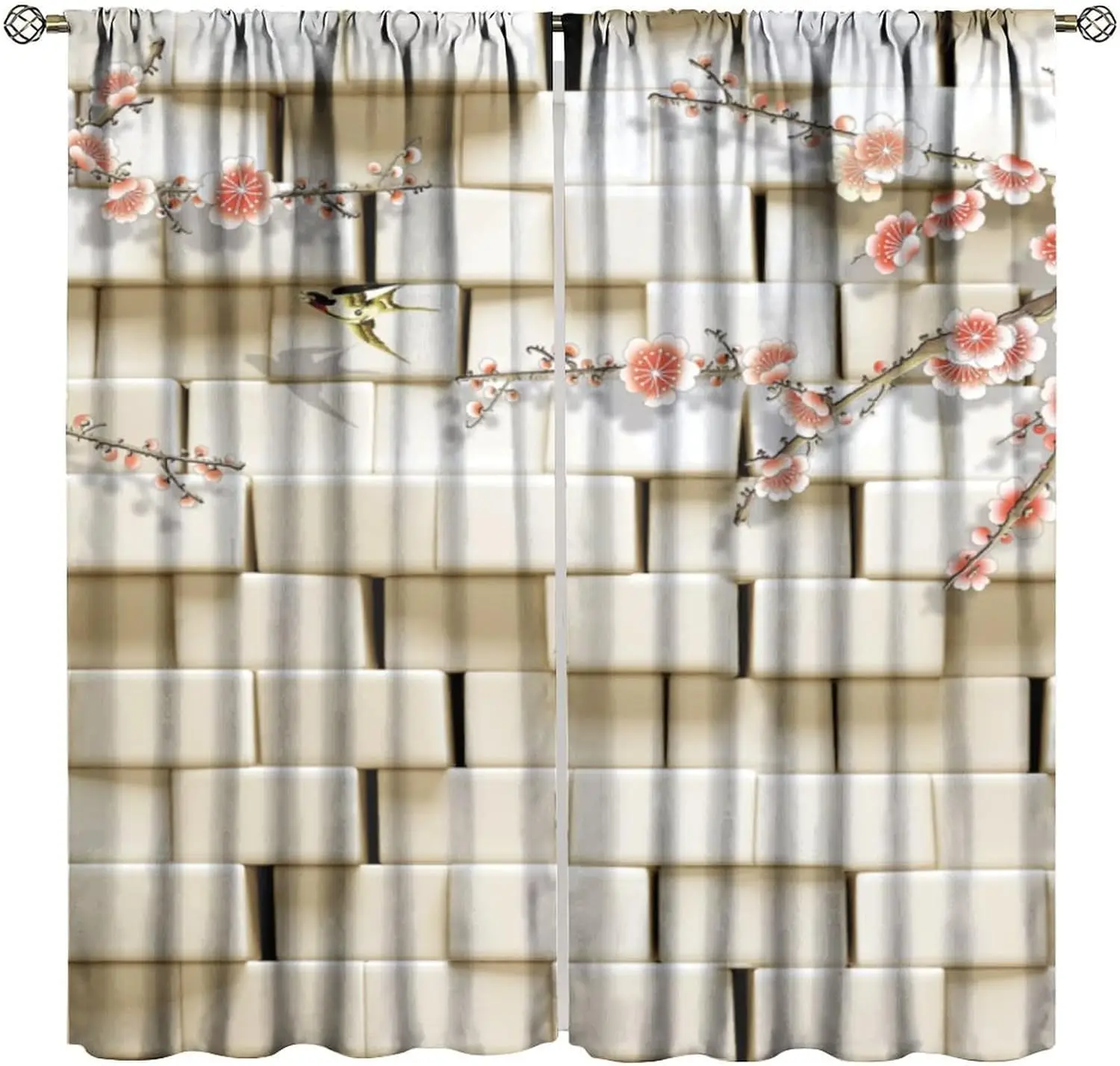 Brick Wall Decor Window Curtain，White Brick Wall Warm Lighting Two Flowering Branches Three Flying Birds for Home Kitchen