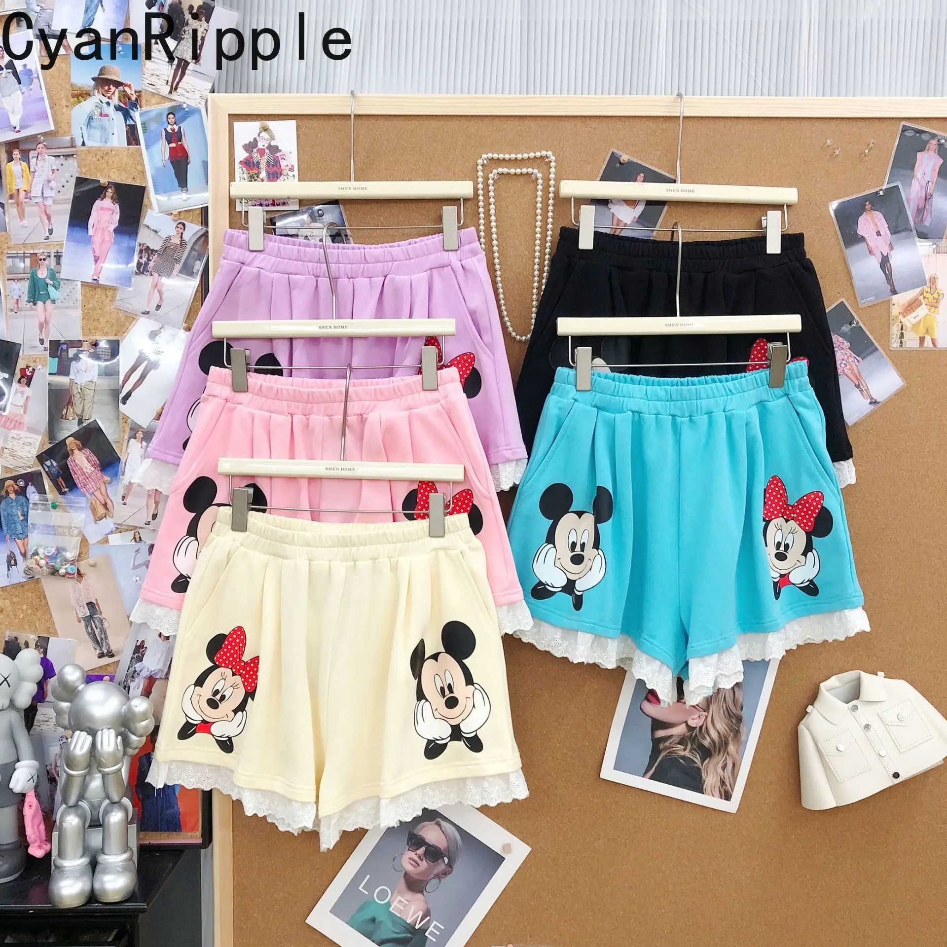 

2026 New Spring Summer All-match Elastic Waist Casual Straight Shorts Cute Lace Patchwork Minnie Printed A-line Wide Leg Shorts