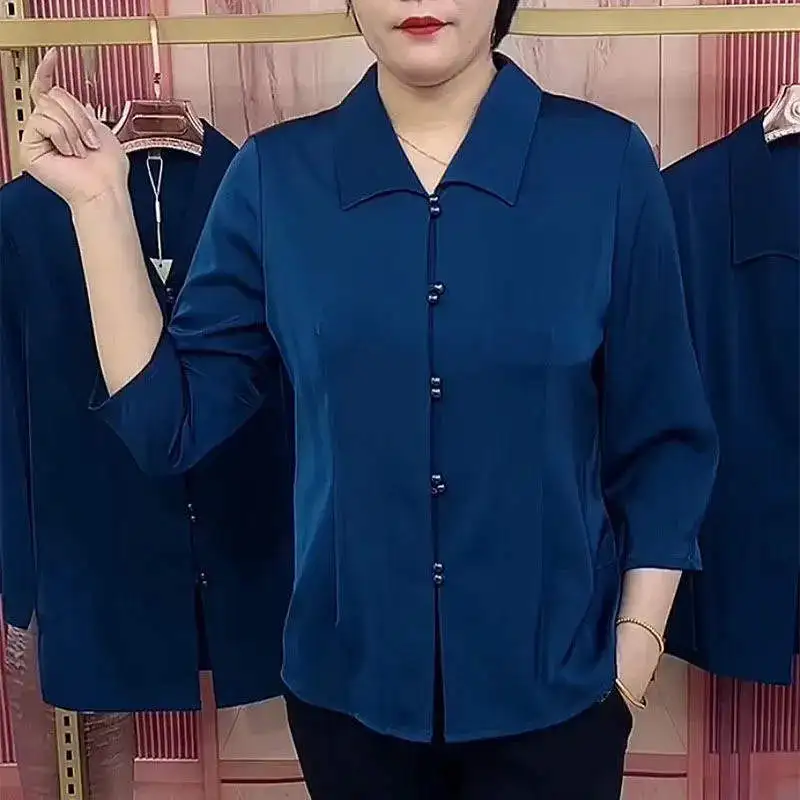 Middle Aged Lady Mother's Shirt Women's 2024 Autumn New Item Clean Color Lapel Seven Quarter Sleeve Small Shirt Versatile Shirts