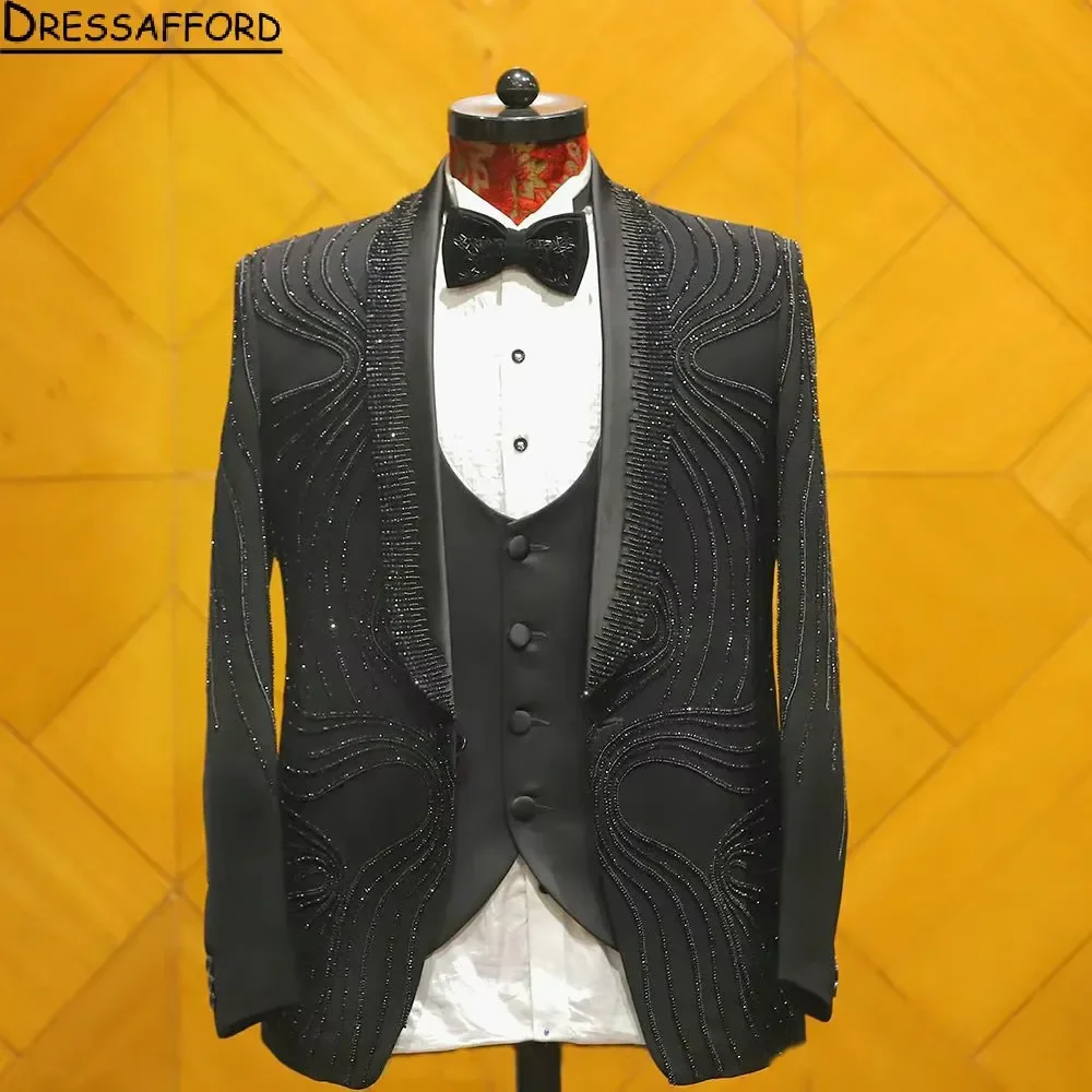 Black Handmade Pearls Beading 2 Pieces Blazer Pants Men Suits Tuxedo High Fashion Wedding Prom Plus Size Custom Made