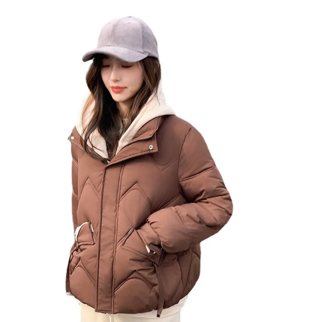 한국 스타일 후드 숏 코튼 패딩 재킷 여성용 두꺼운 따뜻한 루즈핏 페이크 투피스 스타일 학생 친화적