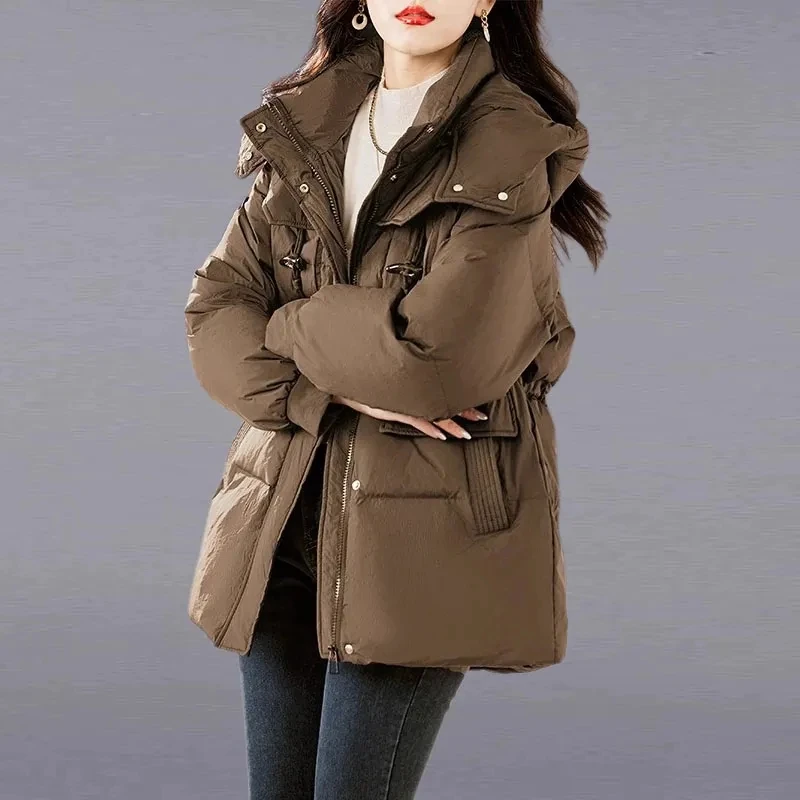 

2025 Winter New Korean Version Fashion Down Cotton Jacket Lady Warm Thickened Parker Women's Casual Cotton Hooded Coats Female