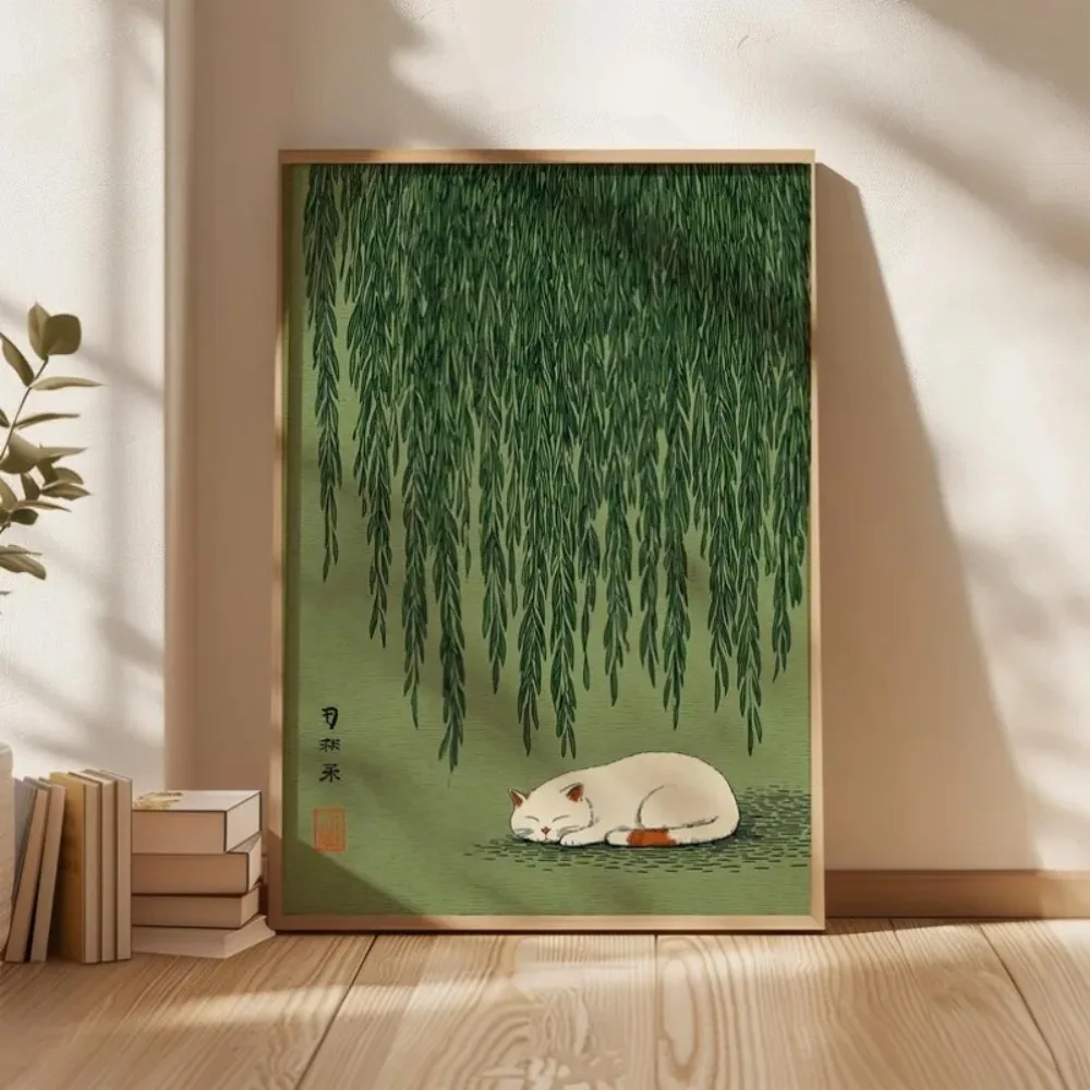 1PC frameless decorative art print,Japanese Style Green Nature and Cat Poster Willow Tree Lily Pond Scenery Canvas Painting Wall