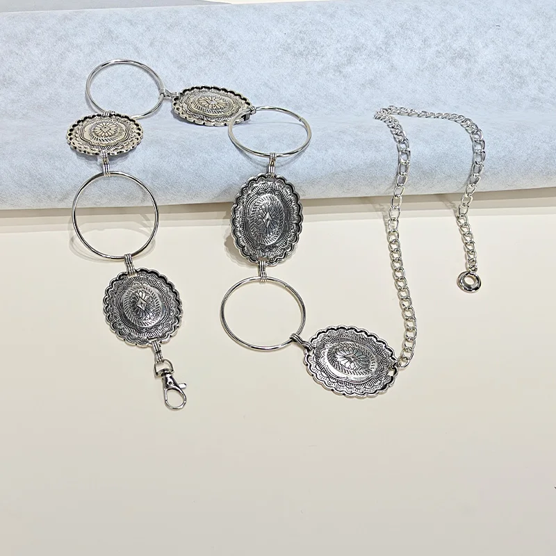 Nuova cintura a catena in vita rotonda grande intagliata in metallo per donna Abito argento Jeans Cintura Accessori gotici femminili Cintura regolabile per ragazza