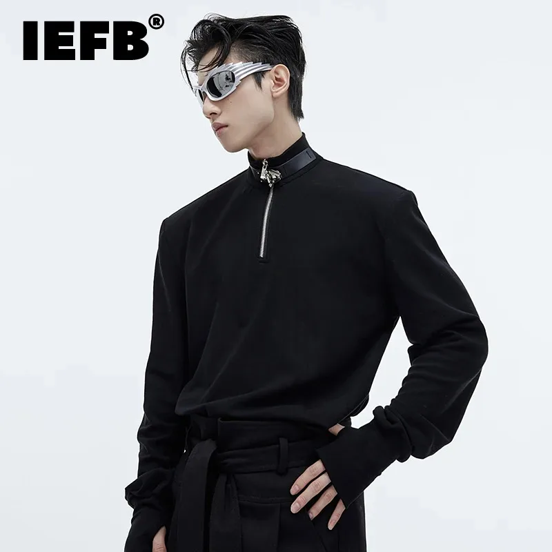 IEFB Male Long Sleeve Top Metal Buckle Design Personality Stand Collar Zipper Slim Men Base Shirt High Street 2024 New 9C4016