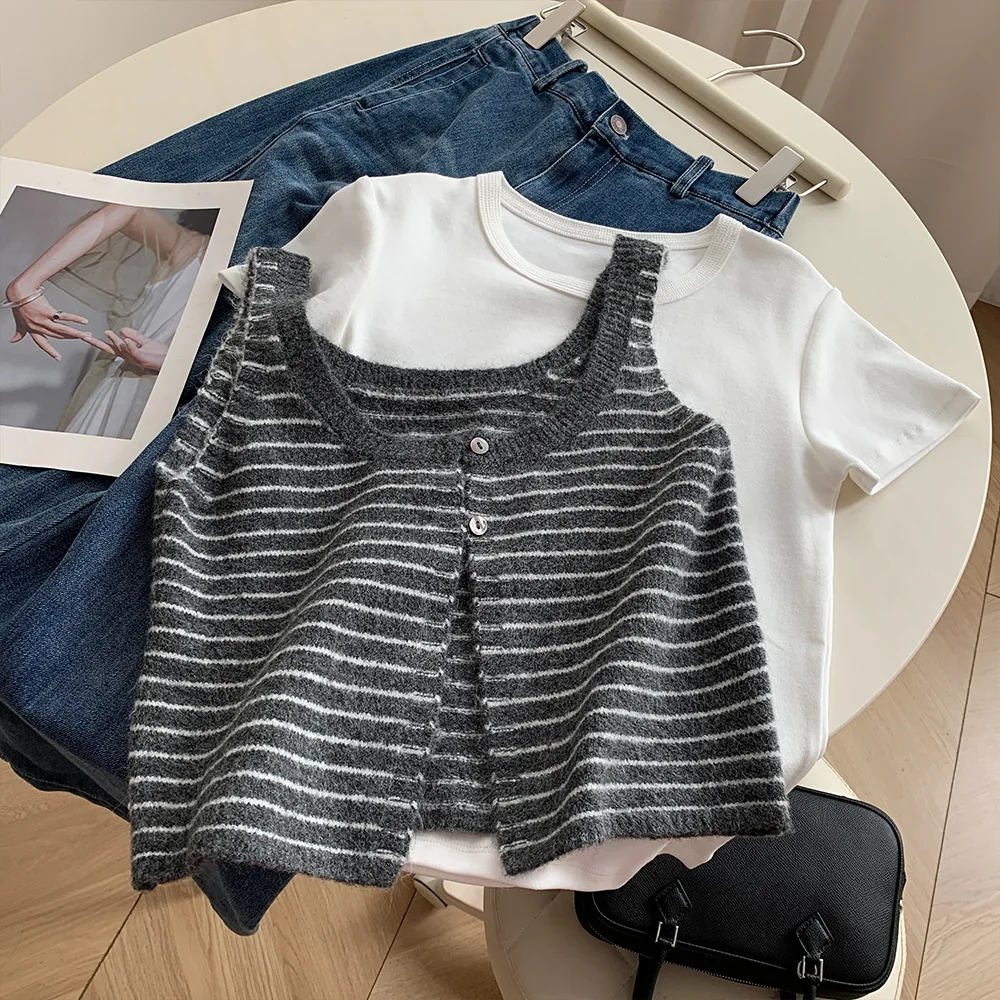 الكورية نمط مخطط محبوك سترة المرأة 2025 الخريف المألوف U الرقبة زرين أكمام ملابس خارجية سترة الإناث تانك القمم #5