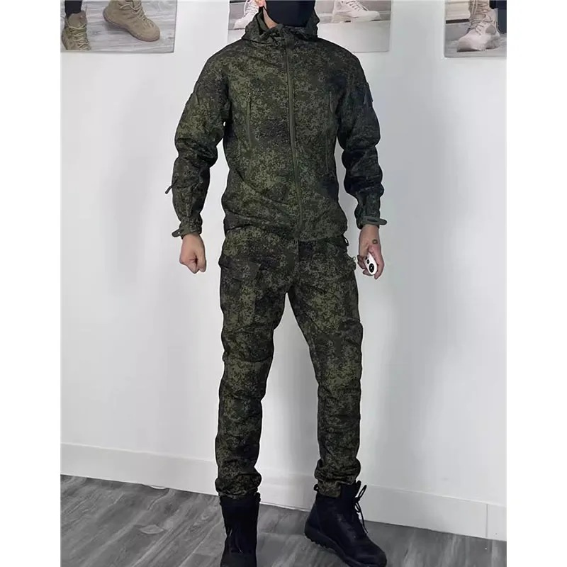 RU Camo Waterproof 3 Pcs Sets Men Winter Fleece Hooded Jacket+Breathable Long Sleeve Tshirts+Straight Cargo Pant Soft Shell Suit