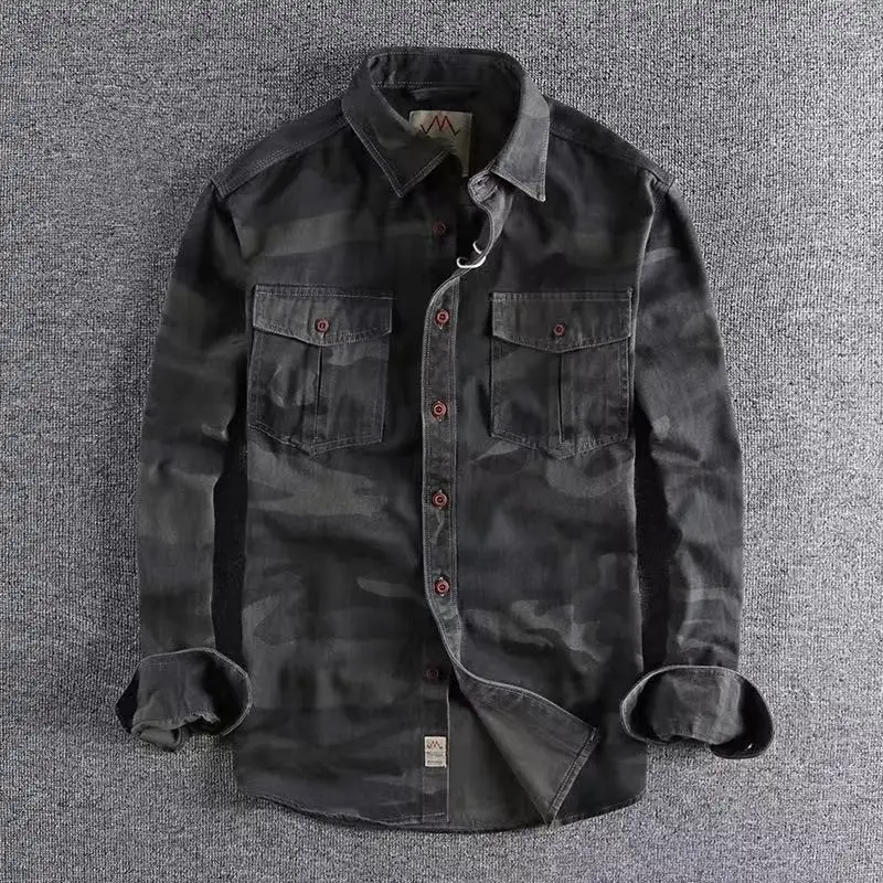 2025 Four Seasons American Camo Multi Pocket workwear Long Sleeve Shirt 100% Cotton Fabric Casual Versatile Youth Top Coat