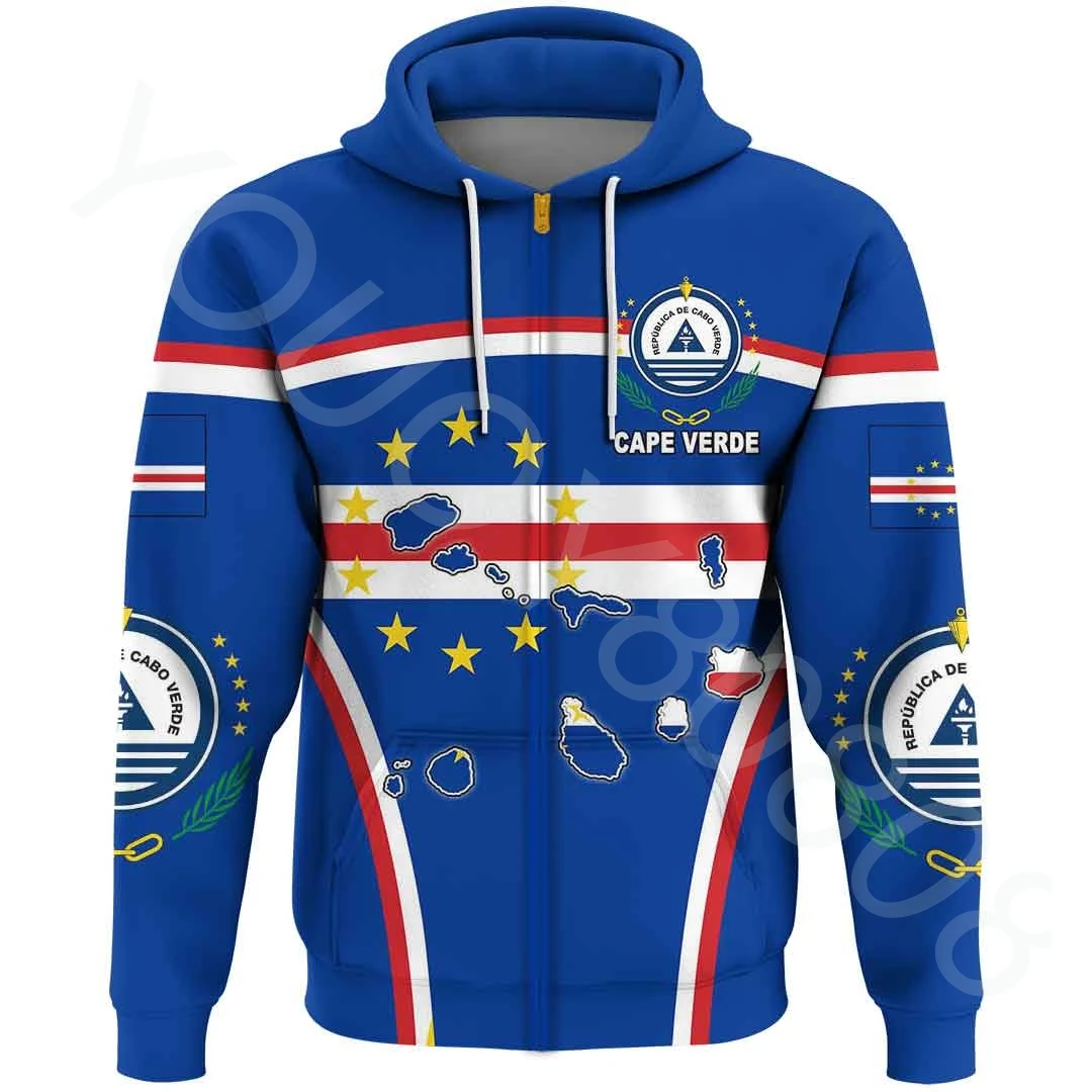 

African Region Hoodie Men's Sweater Harajuku Sweatshirt Street Print Cape Verde Event Flag Hooded Zip Shirt Pentagonal Style