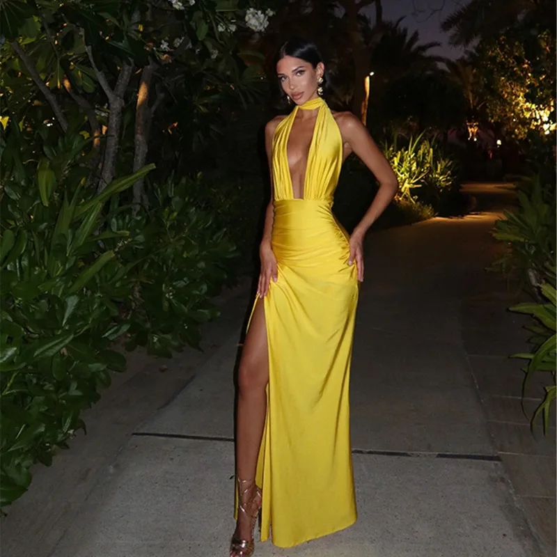 

2025 New V Neck Backless Sexy Maxi Dress for Women Fashion Solid Sleeveless Bodycon Club Party Evening Long Dress women clothing