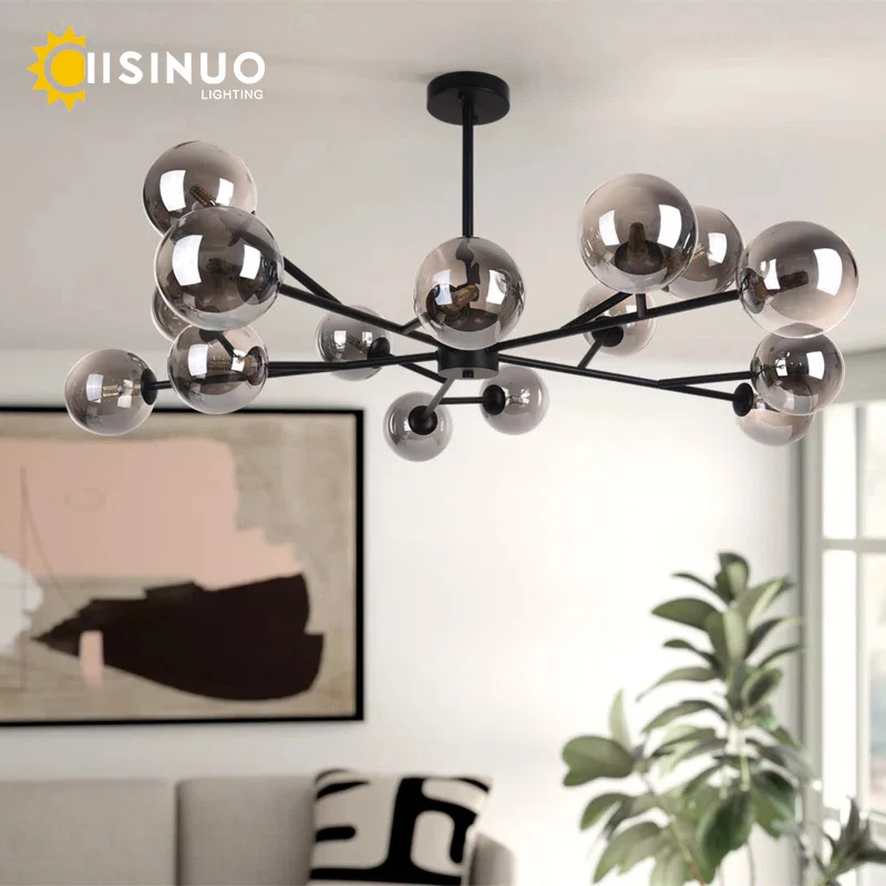 15-light Sputnik Chandelier Gray Glass Lampshade Ceiling Lamp Fixture Height Adjustable G9 Bulb for Home Living Room Dining Room