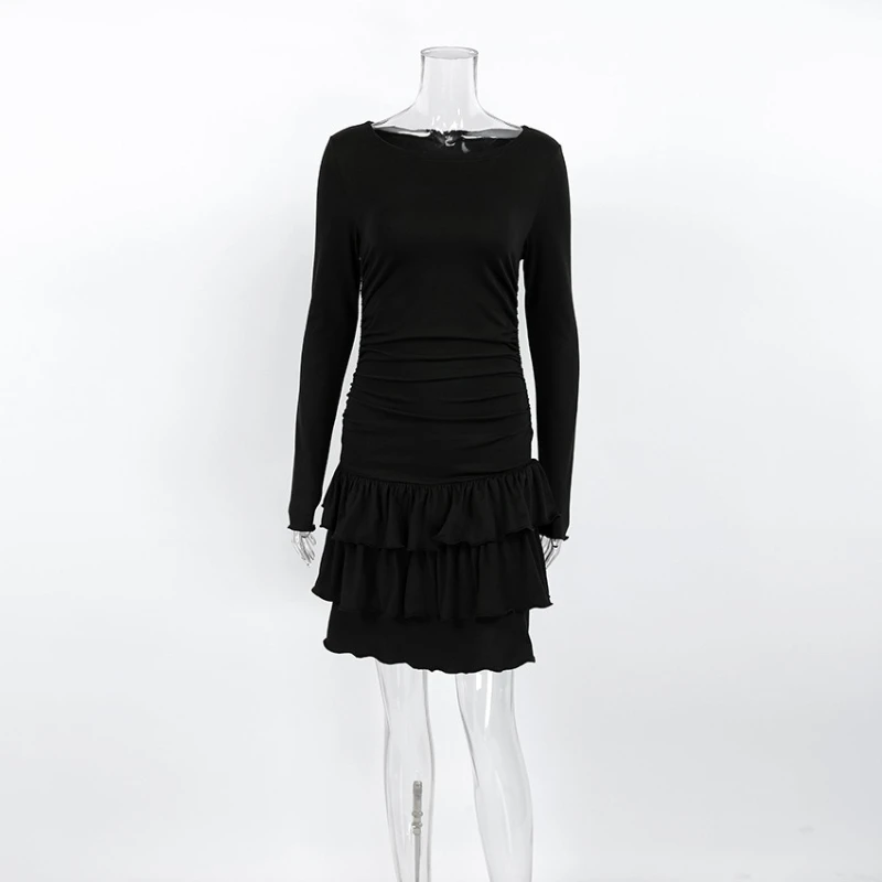 Tsiisd elegância em camadas bolo mini vestido feminino moda viajando cintura alta sólida retalhos magro bodycon vestido novo 2026