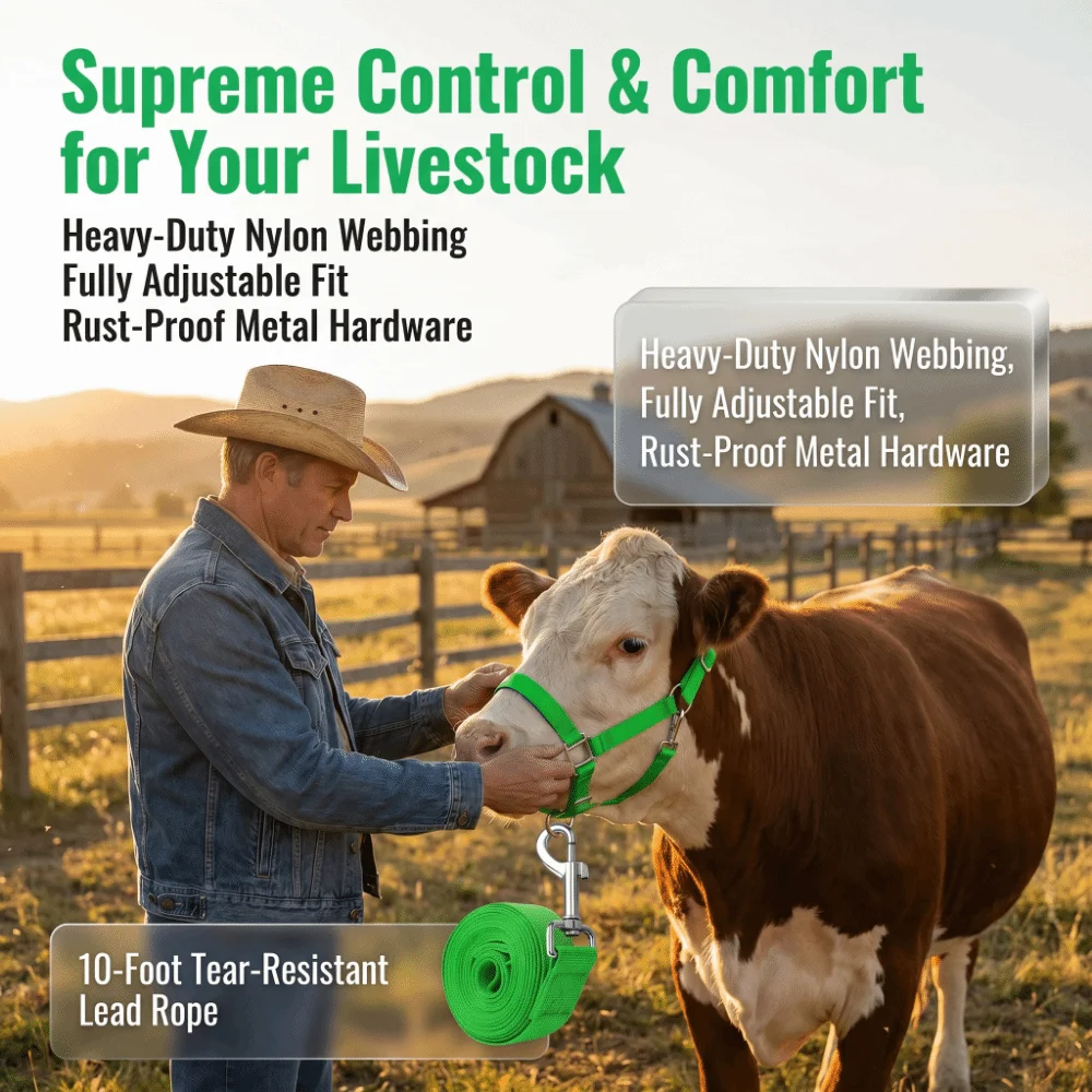 Adjustable Cow Halter with Lead Heavy Duty Durable Calf Training Rope Harness Nylon Livestock Strap Outdoor Use