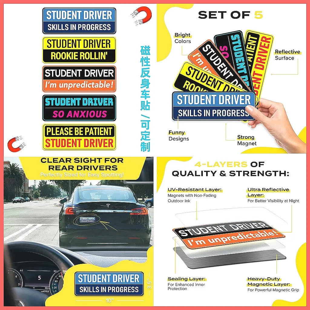 

Student Driver Magnet for Cars, Removable New Driver Safety Warning Sign with Reflective Decal