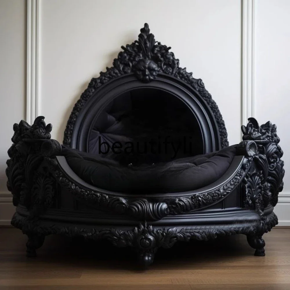 

07 Dark Style Cat House Dog House Indoor Solid Wood Carved Cat Bed Dog Bed Pet Furniture